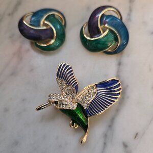 Vintage Hummingbird Brooch & Enamel Knot Pierced Earrings Set Blue Green